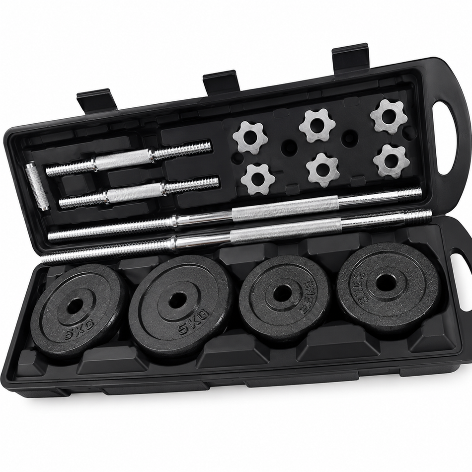 Set of plates for barbell and dumbbells with storage box