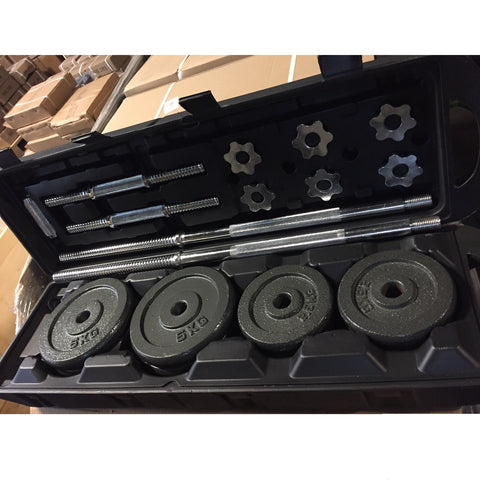 Set of plates for barbell and dumbbells with storage box