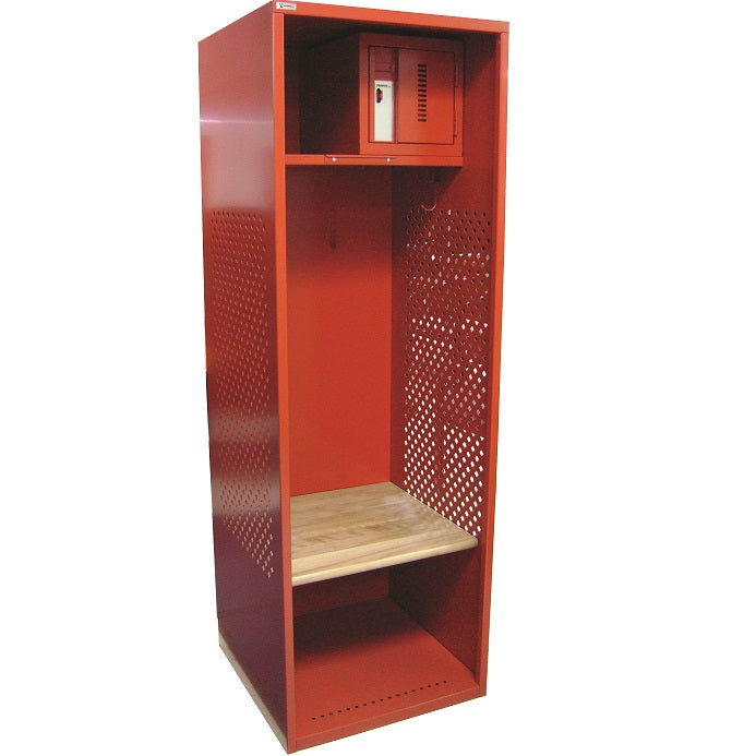 Ventilated changing room locker with integrated bench